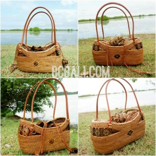 bali ethnic small tote handbag rattan grass with coco button handmade